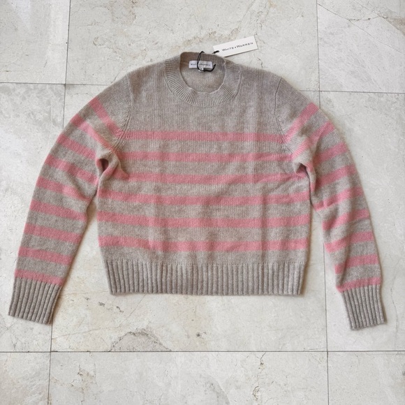 White & Warren Cashmere Pink and Cream Stripe Sweater size S